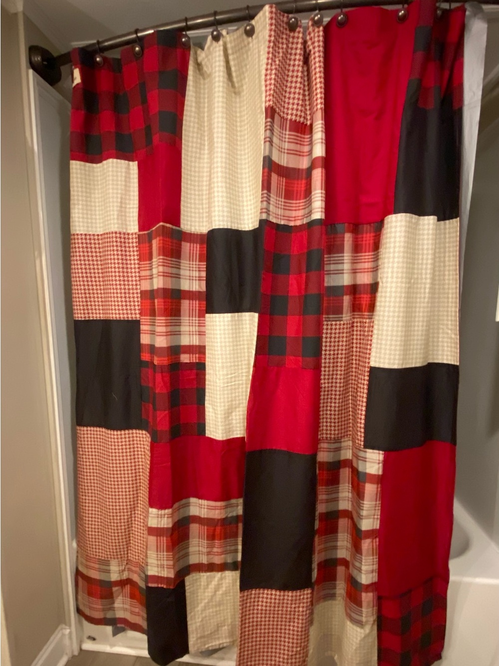 Woolrich Red Black and Cream Patchwork Shower Curtain